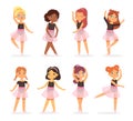 Big set of cute little multicultural ballerinas with various hairstyles in pink tutu dresses. Ballet dancers in different poses, b